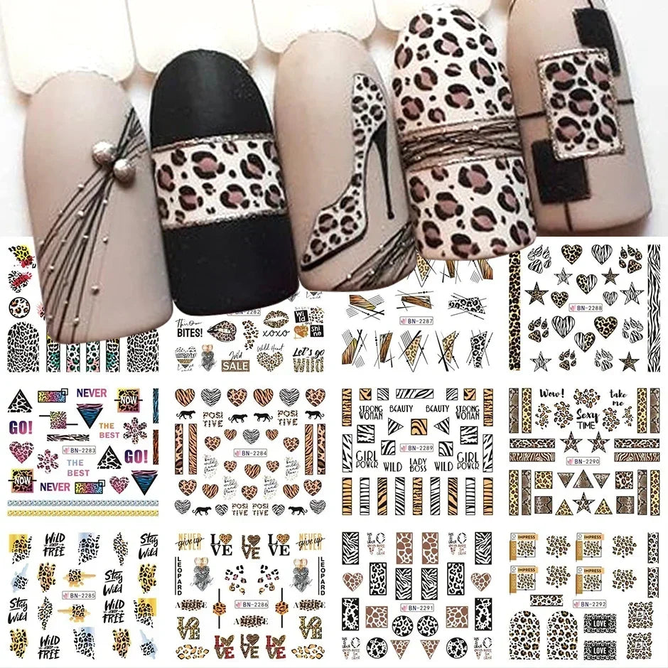 12pcs Leopard Print Nail Water Sticker Charm Wild Animal Pattern Geometry New Year Manicure Accessories Tattoo Nail Art Sliders