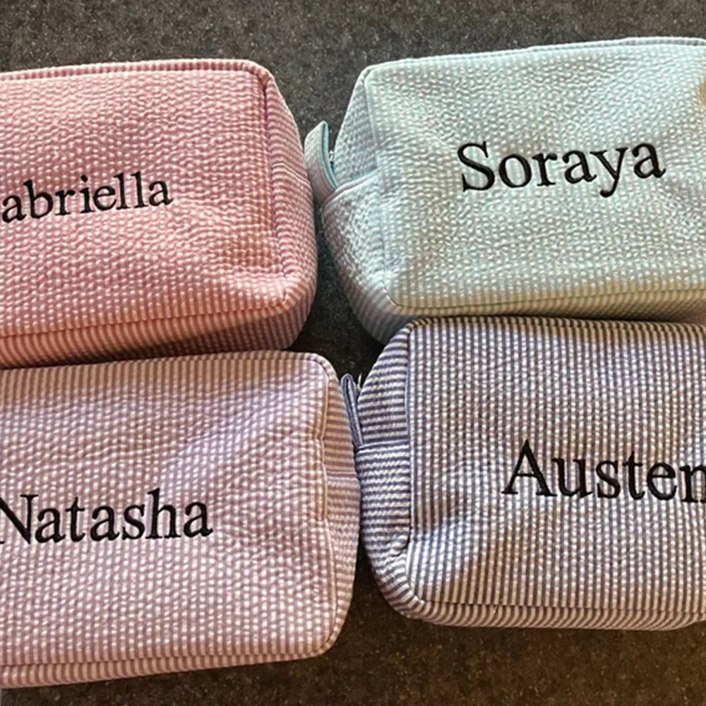 New Seersucker Cosmetic Bag, Personalized Monogrammed Toiletry Bag, Embroidered Make Up Bag,Bridesmaid Makeup Bag, Wedding Gifts