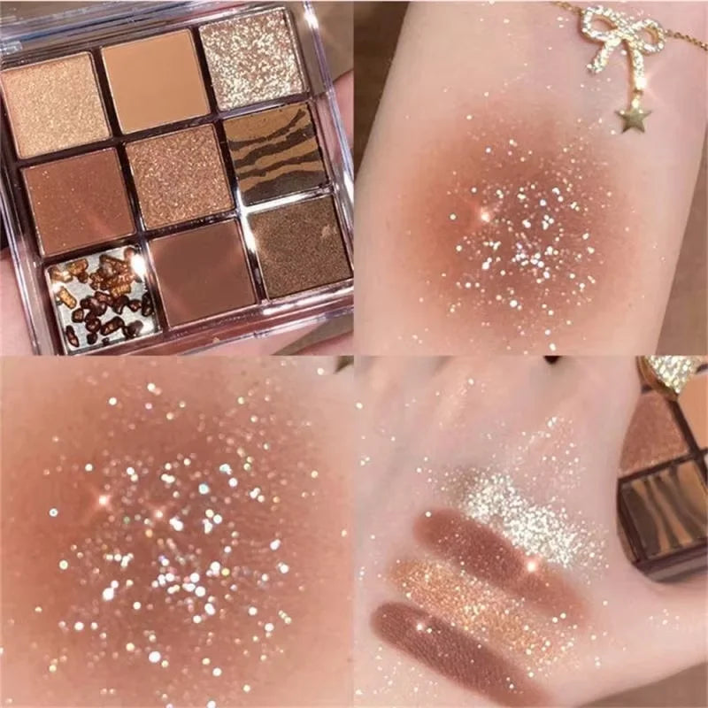 Summer 9 color eyeshadow palette: Orange brown, pink and gold, matte shimmer effect, lasting makeup, keep glitter rose Eyeshadow