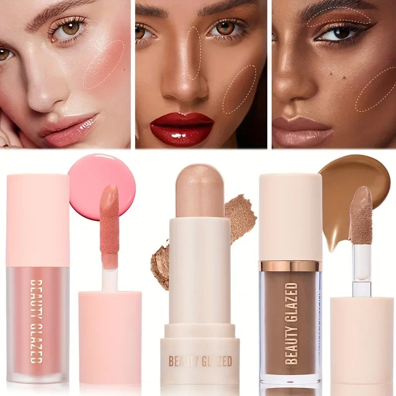 3pcs Face Highly Pigmented Liquid Contour Makeup Set,Long Lasting Natural Contour Contouring Bronzer (Contour+Blush+Highlighter)