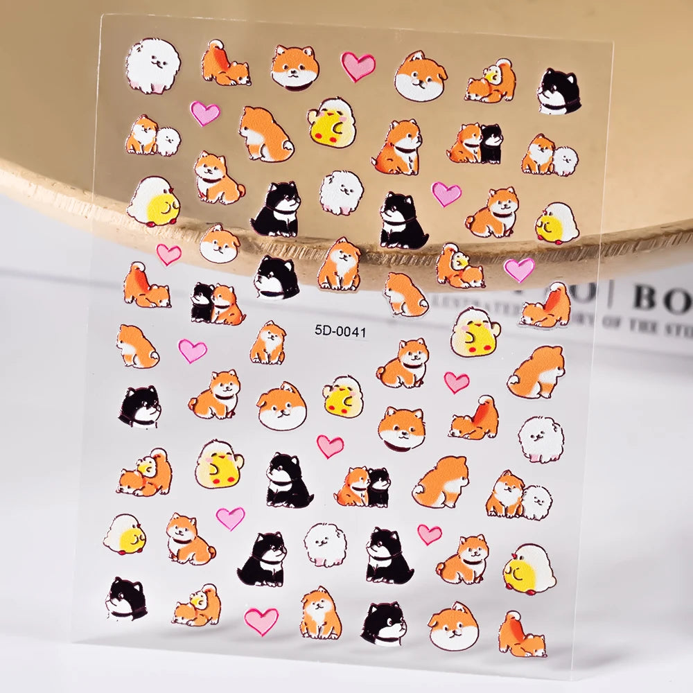 1Pcs 5D Cartoon Shiba Inu/Husky Nail Art Sticker Dog,Cat,Rabbit,Dinosaur Adhesive Nail Decals Cute Animal Nails Art Decorations