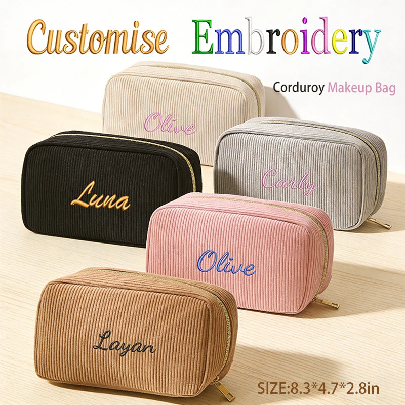 Customised Embroidery/Standard Style 2 Options, Solid Color Minimalist Corduroy Makeup Bag, Perfect Back-to-School Gift!