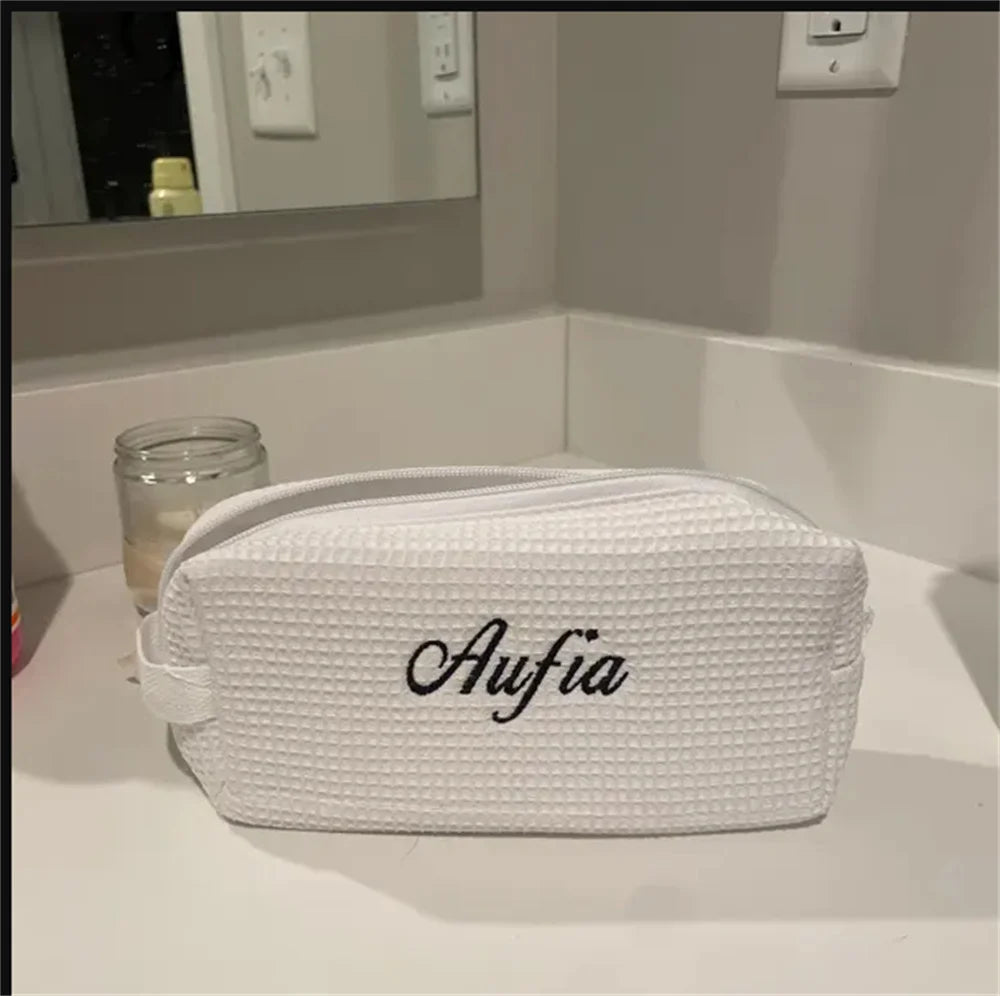 Waffle Cosmetic Bag Custom Embroidered Name Women's Travel Storage Bag Makeup Bag Personalized Ladies Birthday Gift Hand Bag