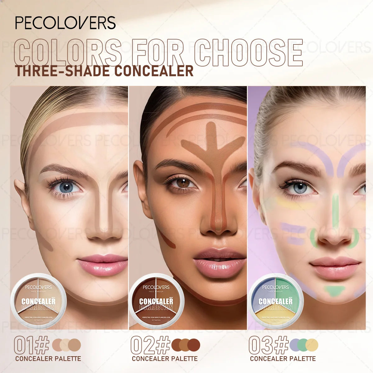 3PCS/Set Waterproof Concealer Cream Lasting Full Cover Acne Mark Dark Circles Eye Contour Concealer Tri-color Makeup Palette Moisturizing Face Makeup Cometics