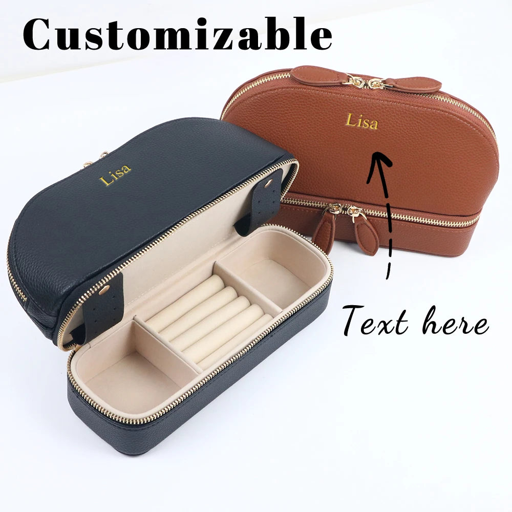 Customized Name Large-Capacity Double-Layer Cosmetic Bag Jewelry PU Leather Shell-Shaped Multi-Functional Travel Toiletry Bag