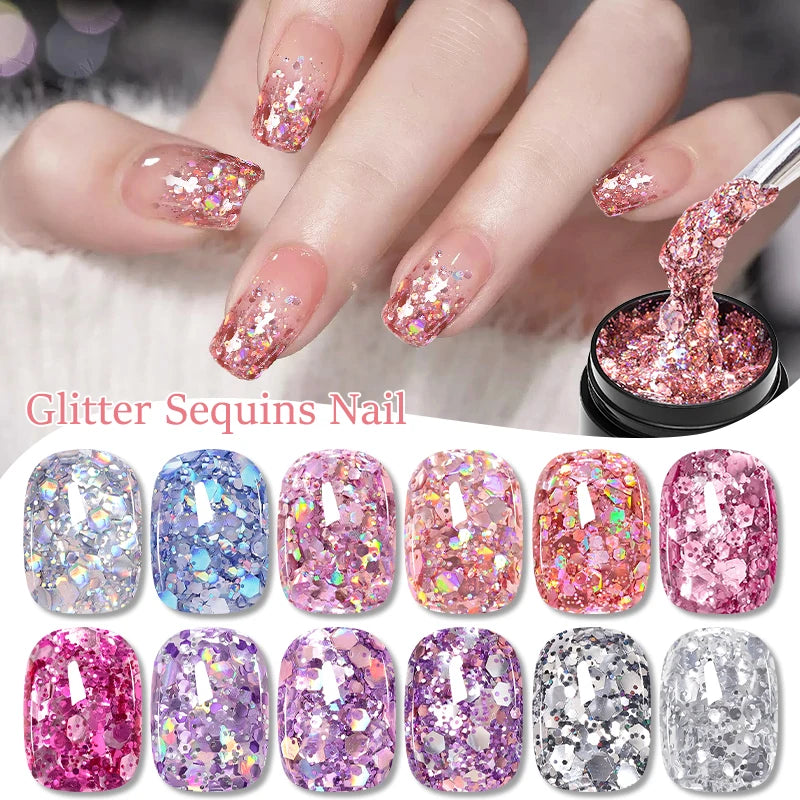 6pcs Glitter Sequins Gel Nail Polish Set Pink Silver Laser Semi Permanent Soak Off UV Gel Varnish Decoration Nail Supplies DIY