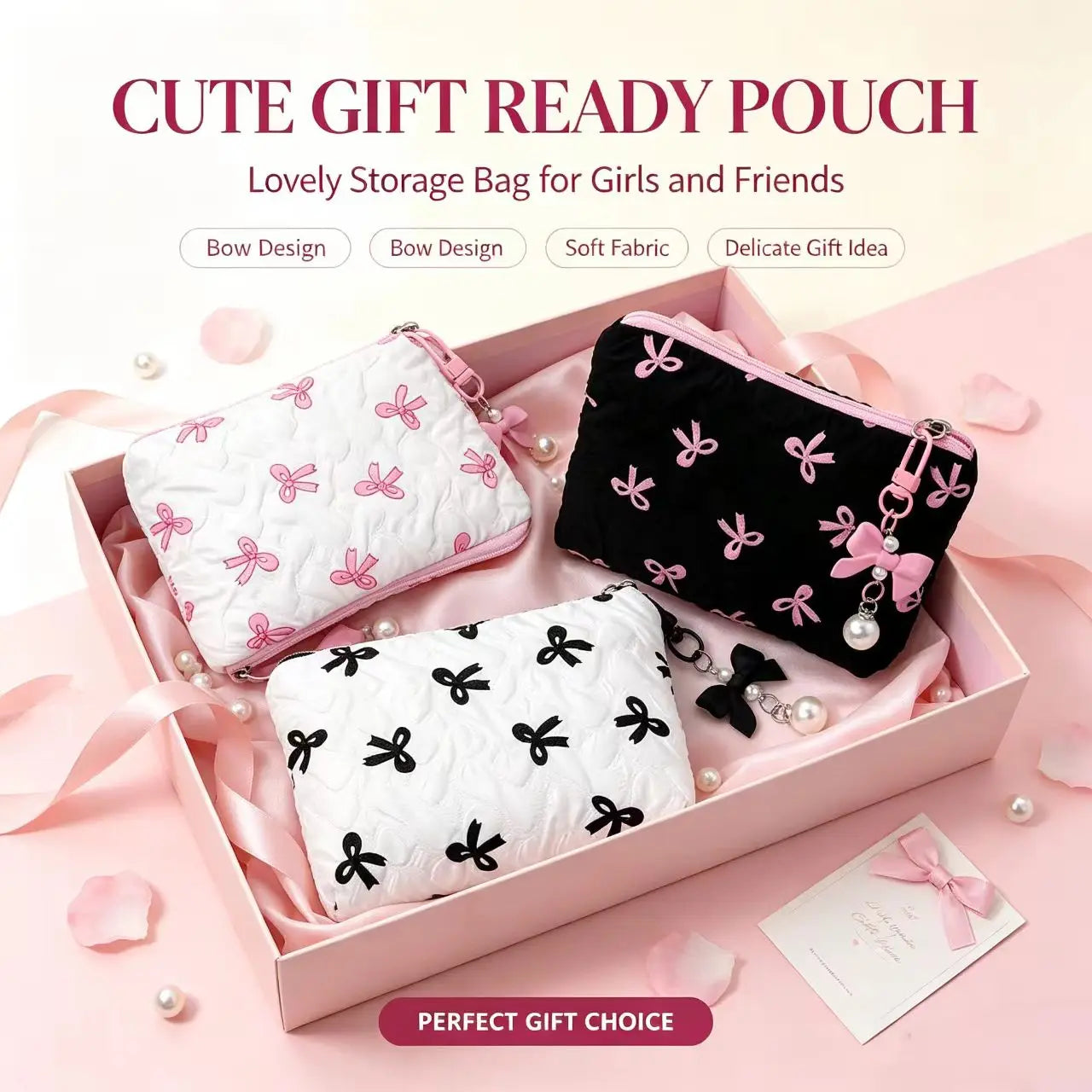 Embroidered Bow Makeup Bag, High Appearance Level, Coin Purse Storage Bag, Cute, Large Capacity, High-End Makeup Bag
