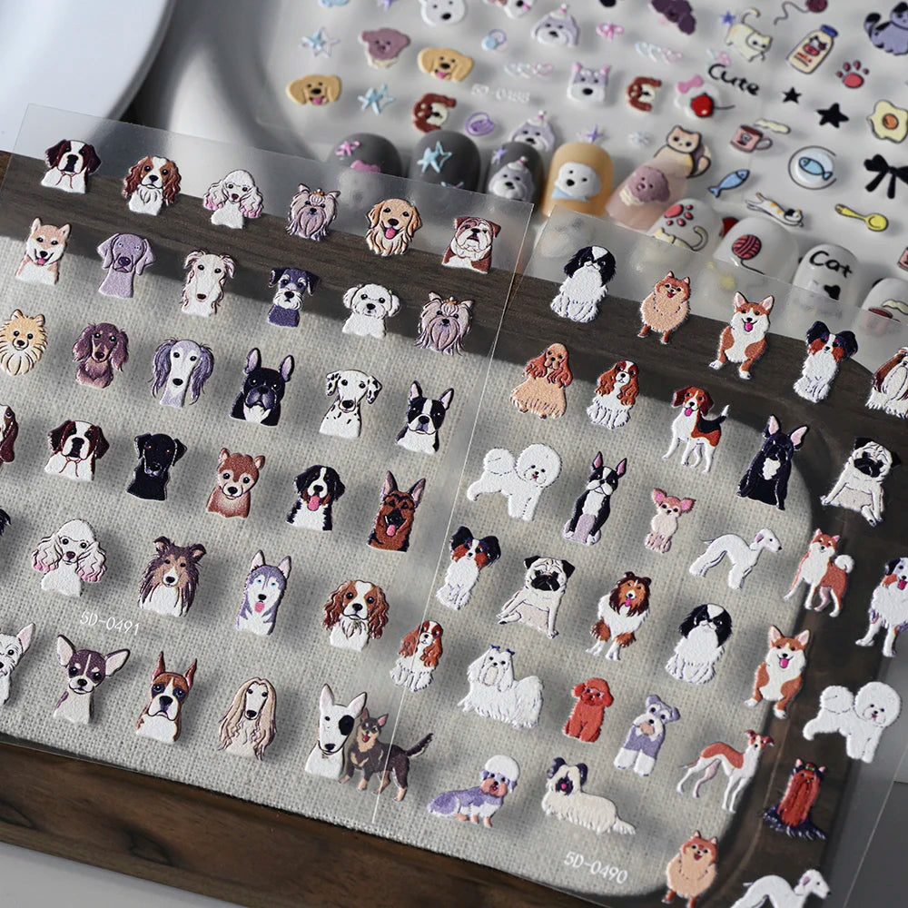 1pcs 5D Hand Painted Puppy Dog Nail Stickers Stimulated Happy Little Dog Decals Nail Art Design for Who Loves Dogs DIY Manicure