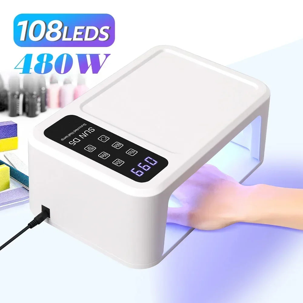 480W UV LED Lamp for Nails 108 LEDs Nail Dryer with Red Light Whitening Mode Large Space Manicure Lamp 4 Timer Settings