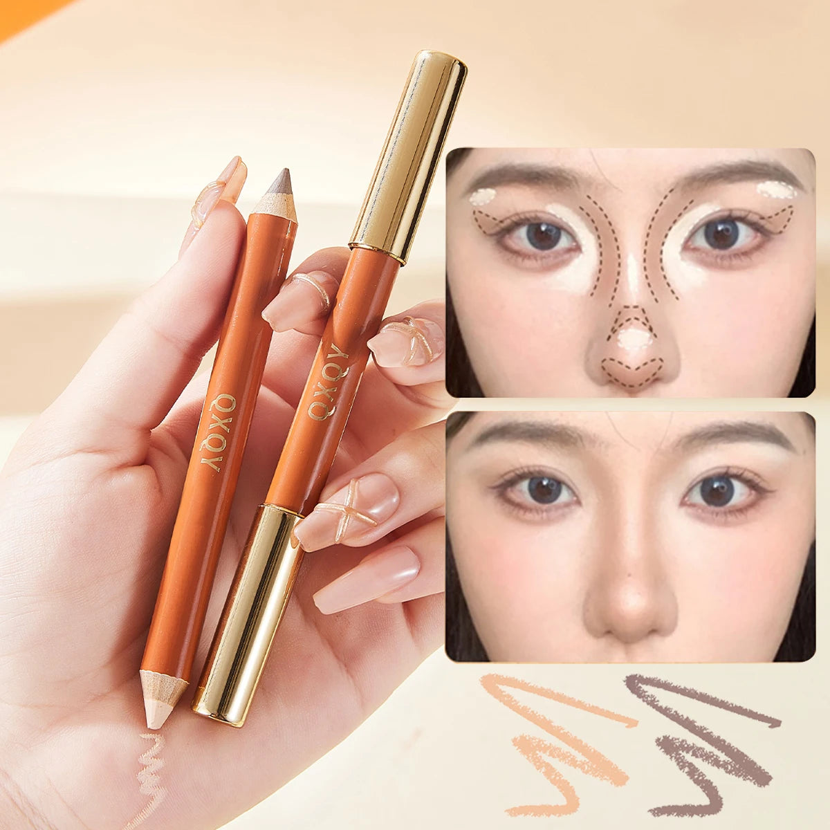 QXQY Dual Head Contouring Pen, Full Face Contour, Highlight, Silky Color Rendering, 3D Decoration Stick