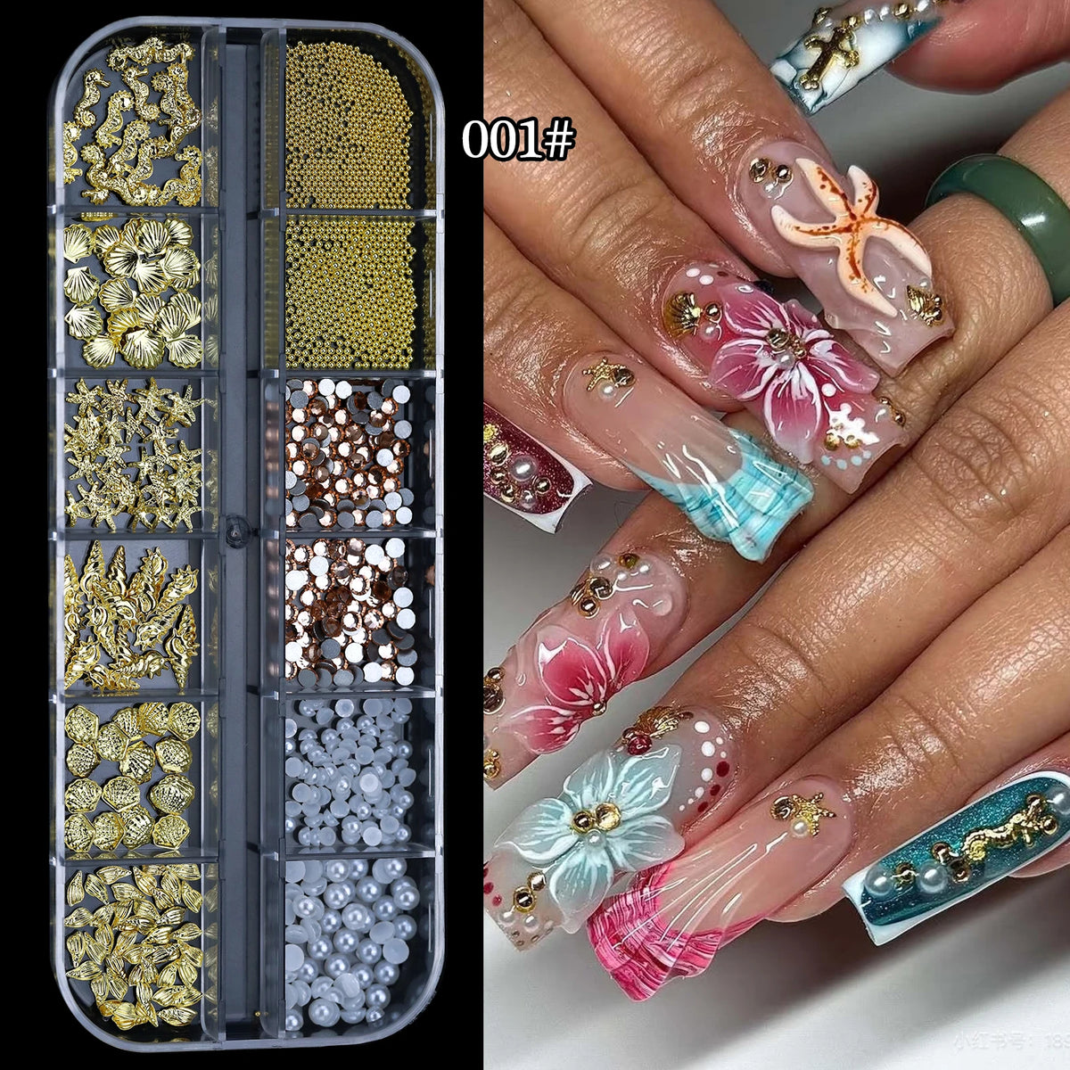 12 Grid Gold Ocean Rivet Nail Jewelry 3D Mixed Metal Moon Star Sun Bead Rivet Nail Art Rhinestone Nail Jewelry Rivet Decoration