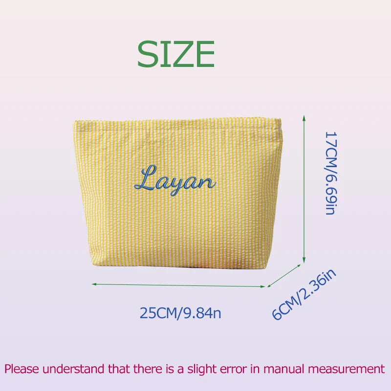Customised Embroidery/Standard Style 2 Options, Bubble Gauze Striped Makeup Bag, Storage Pouch, Back-to-School Season