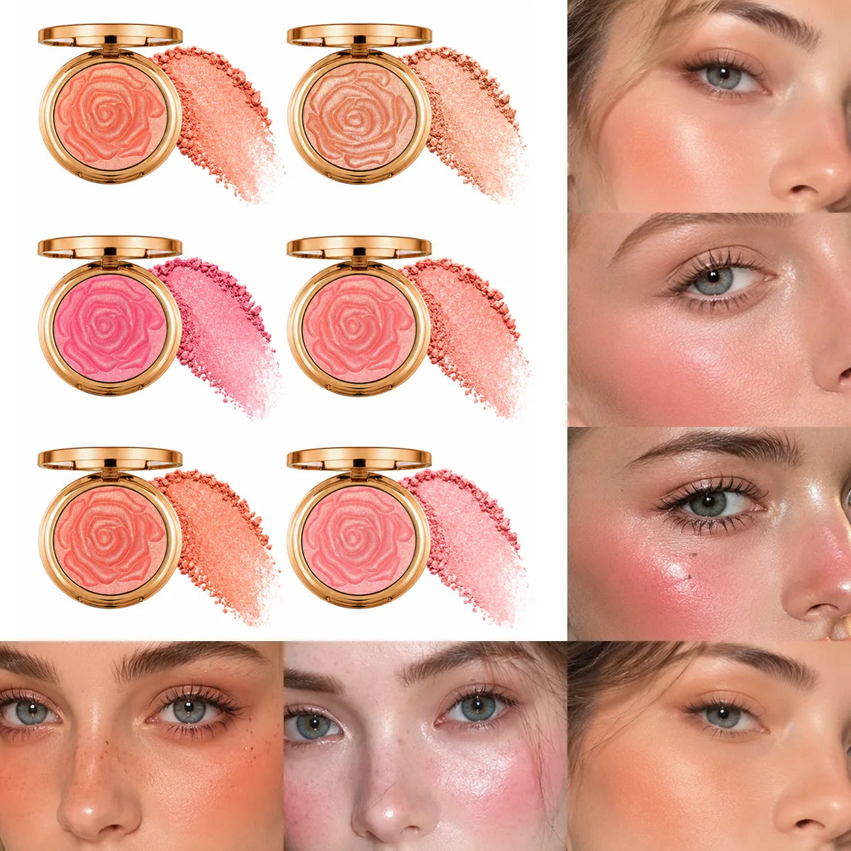 Rose Embossed Shimmer Blush Powder, Glitter Highlight Blush, Brighten Skin Tone Long Lasting Pearlescent Face Makeup With Mirror