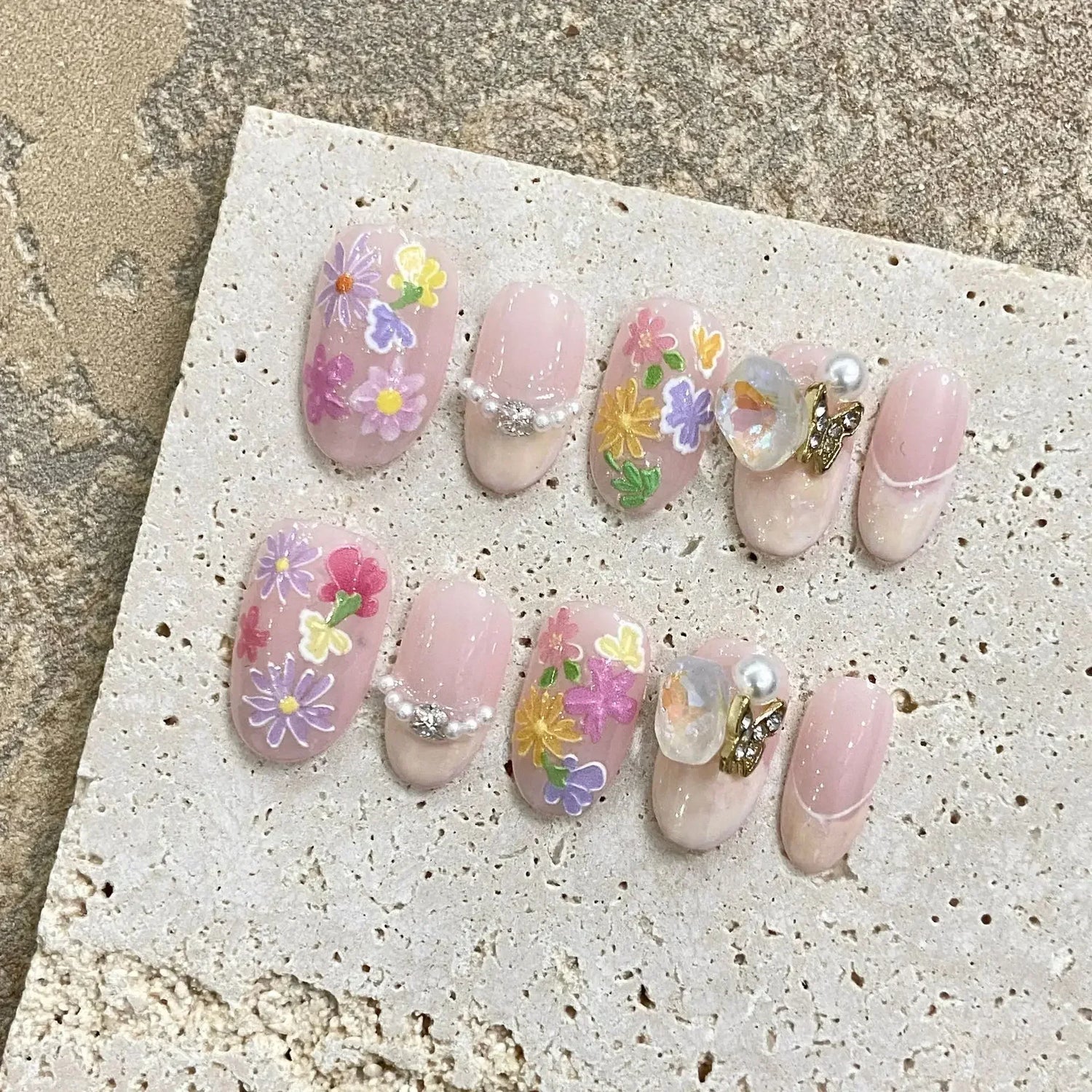 10Pcs Short Handmade Pink Press on Nails Spring French Rhinestone Full Cover Fake Nail Plaid Manicure Wearable Nail Tips Art