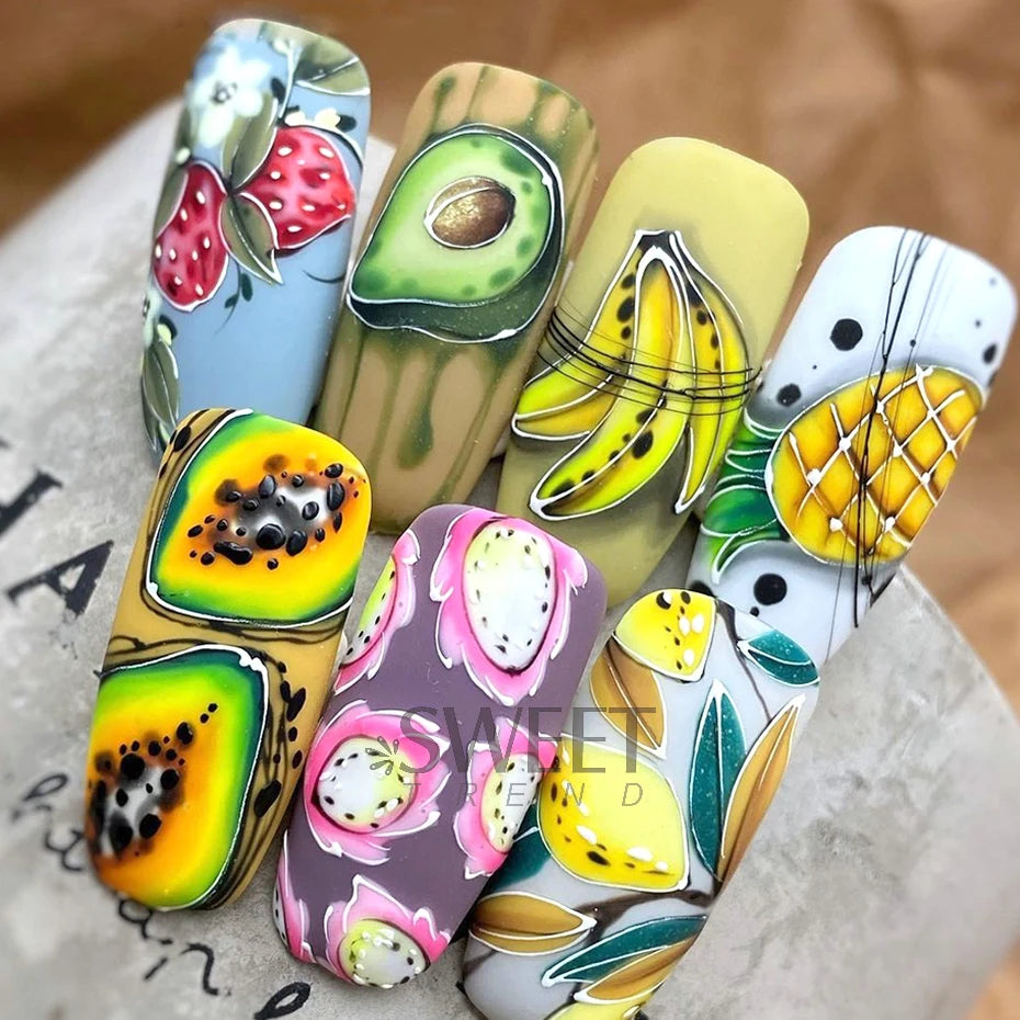 12pcs Abstract Line Fruit Water Nail Sliders Geometry Pawpaw Watermelon Avocado Design Decals Summer Tropical Charm Tattoo Foils