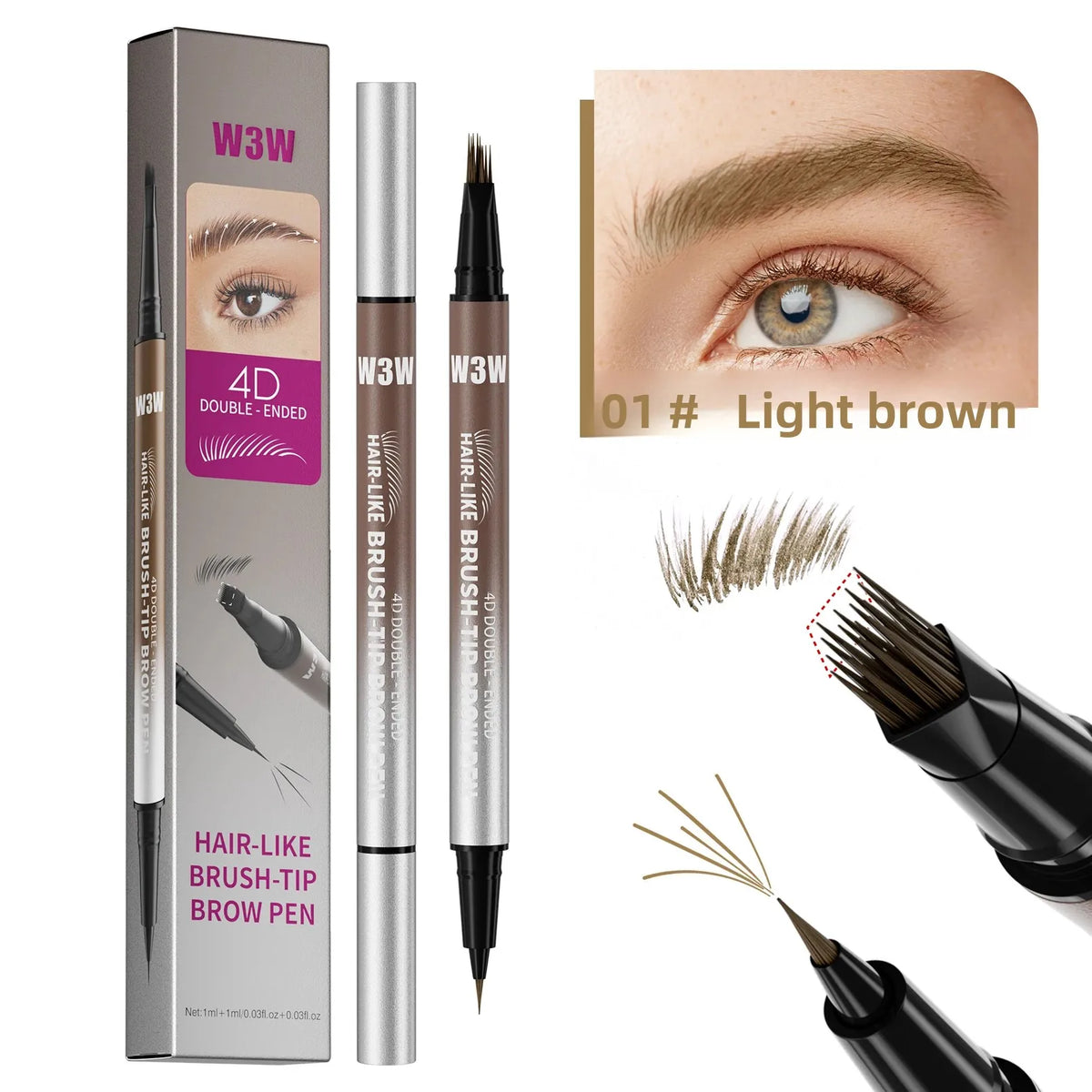 Dual Ended Eyebrow Pencil Waterproof Highly Pigmented Long Lasting Non Smudge 4D Microblading Effect 2 in 1 Liquid Pen