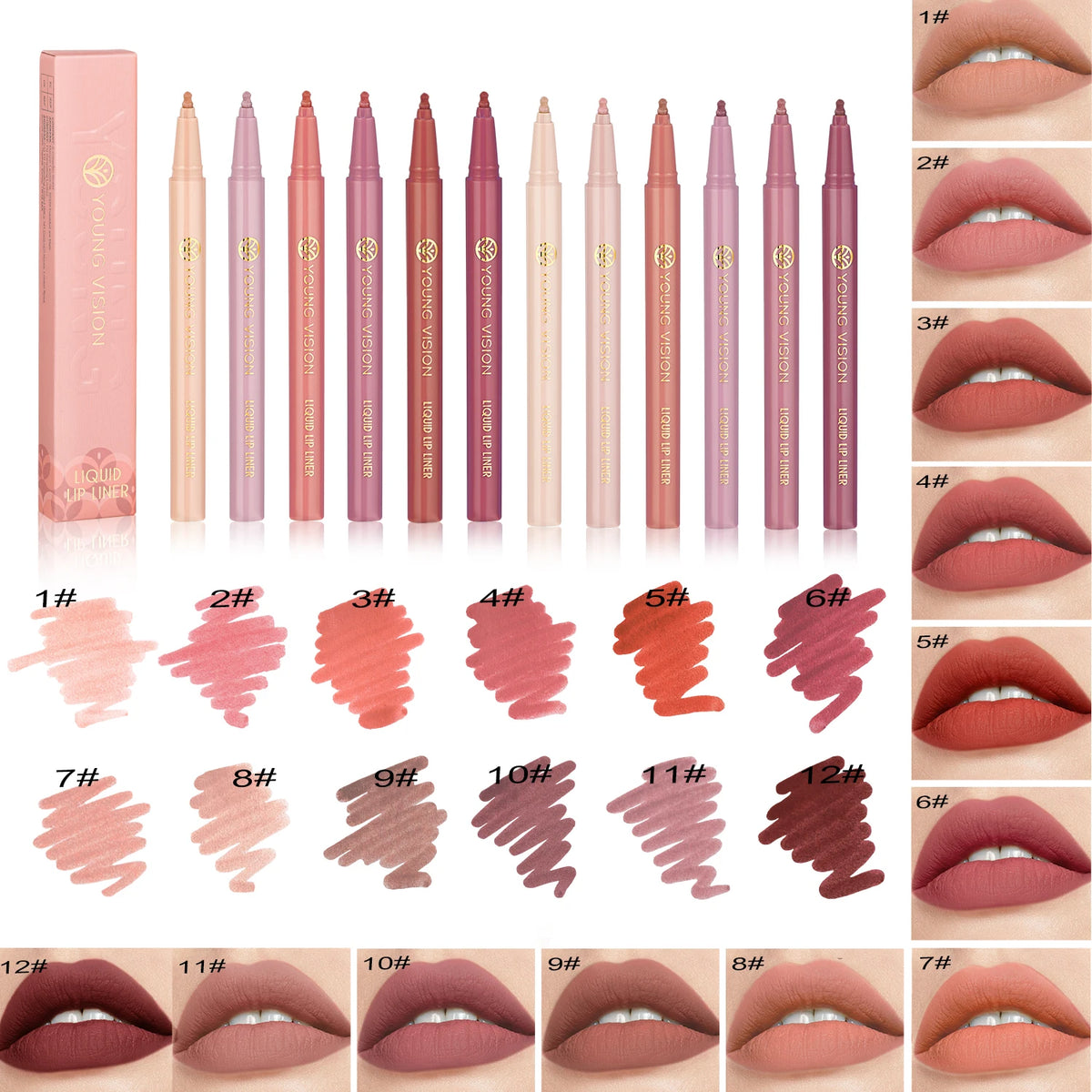 12-Color Matte Velvet Liquid Lip Liner Pen for Lip Line Definition, Lip Shape Correction, and Lip Tinting