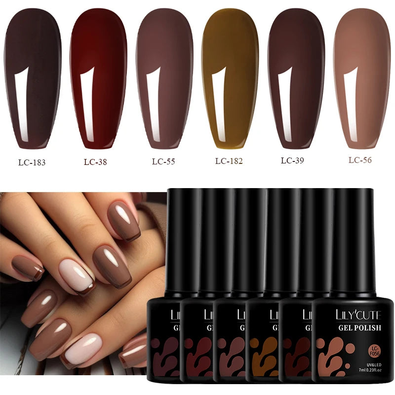 LILYCUTE 6Pcs/Set 7ML Brown Gel Nail Polish Winter Coffee Semi Permanent Soak Off UV Gel Design Nail Art Manicure Kit Varnish