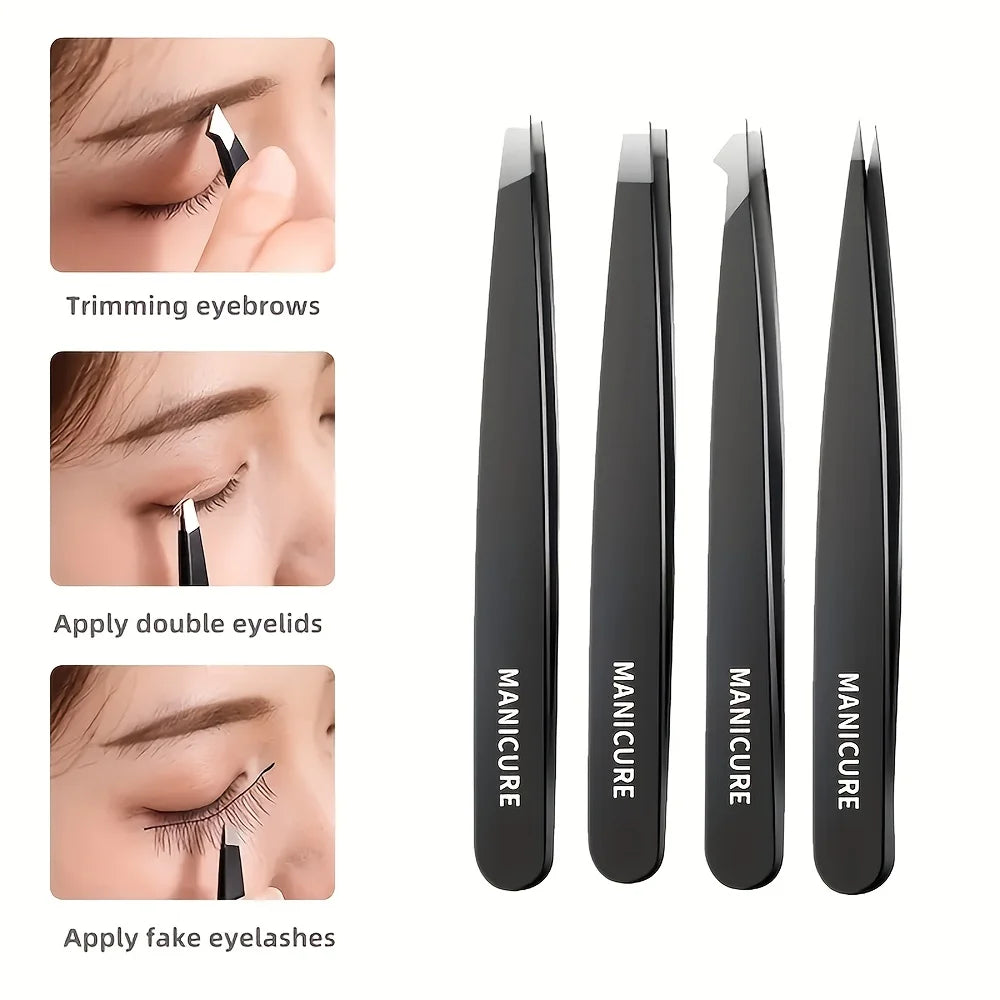 Eyebrow ClipStainless Steel Tweezer Set Ultra-Precise Slant Pointed Flat & Angled Tips for Effortless Eyebrow Shaping Splinter