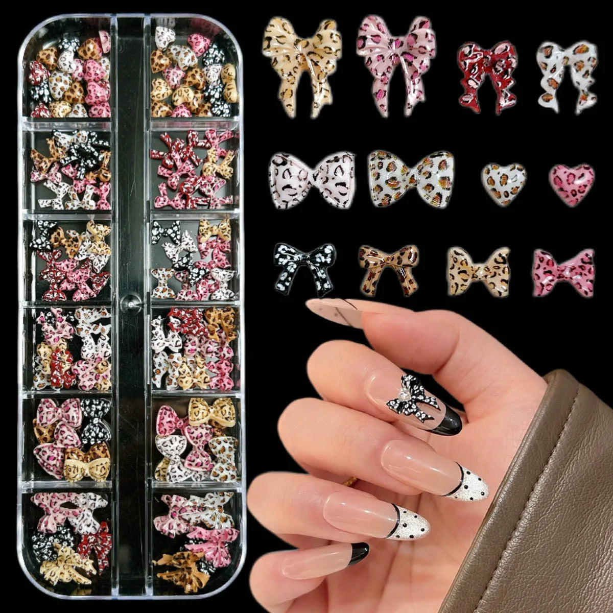 1Box Minimalist Creative Spotted Bow Heart Resin Nail Art Decorations Colorful Leopard Print Tie Autumn Winter Nail Charms DIY