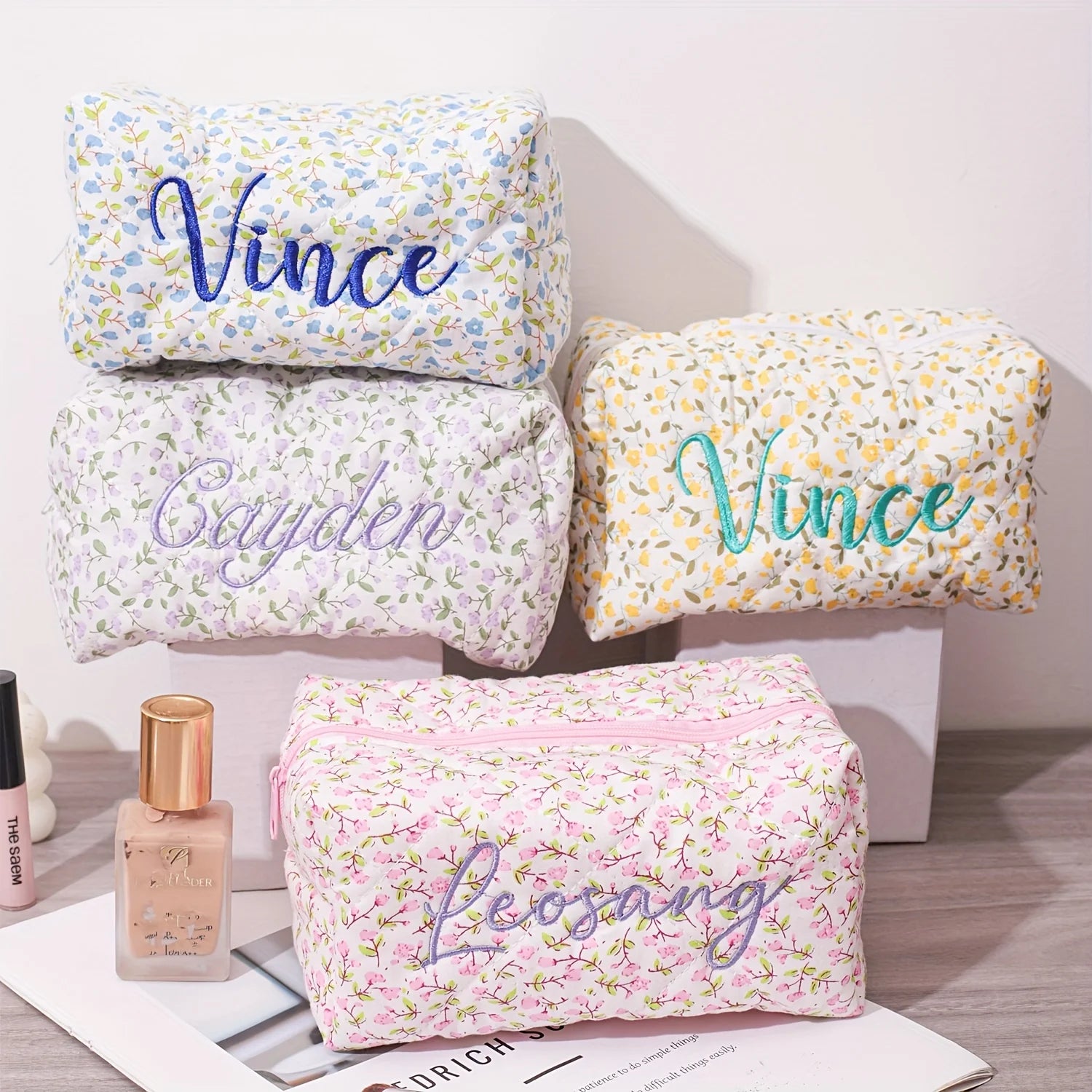 Custom Name Floral Makeup Pouch Embroidered Featuring a Floral Design Wash Bag, Travel Cosmetic Bag Suitable for Bridesmaid Gift