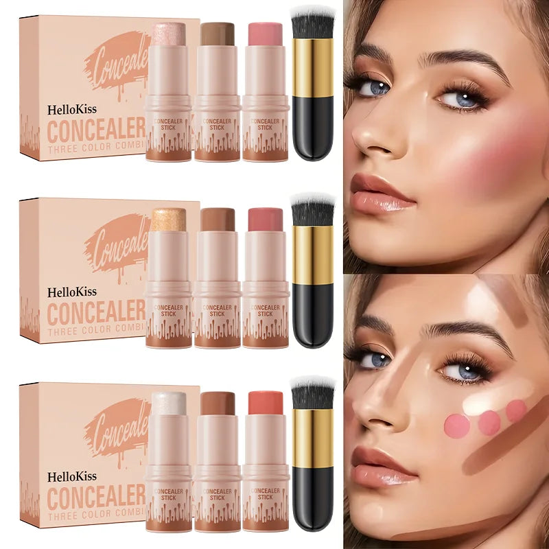Contour Sticks, Highlighter Stick, Blush Stick, 3-Piece Cream Contour Set Including Contour Brush, Creates Facial Contours