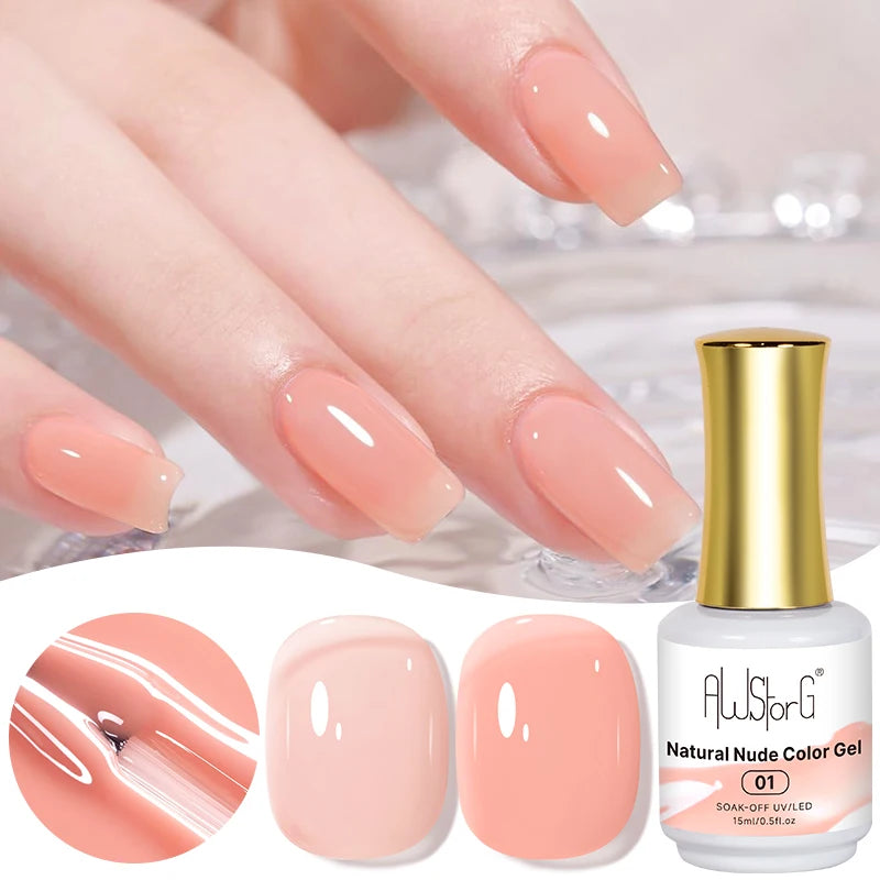 AWStorG 15ML Natural Nude Pink Color Nail Art Ice Transparent Bare Color Semi Permanent  Nail Enamel For Manicure Home Salon DIY