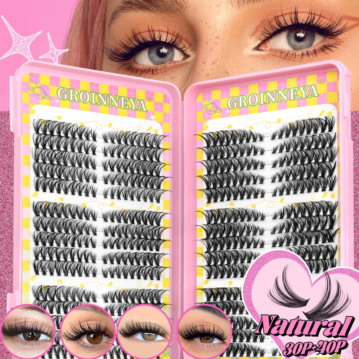 GROINNEYA Lash Clusters Cat Eye Lashes DIY Eyelash Extension Fluffy Volume Cluster Lashes Natural Thick Individual Lashes Makeup