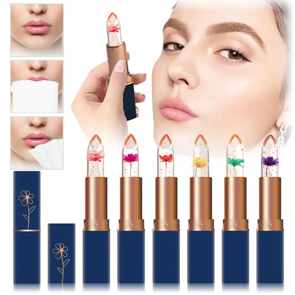 Crystal Flower Jelly Lipstick, Long Lasting Nutritious Lip Balm Lips Moisturizer Magic Temperature Color Change Lip Gloss