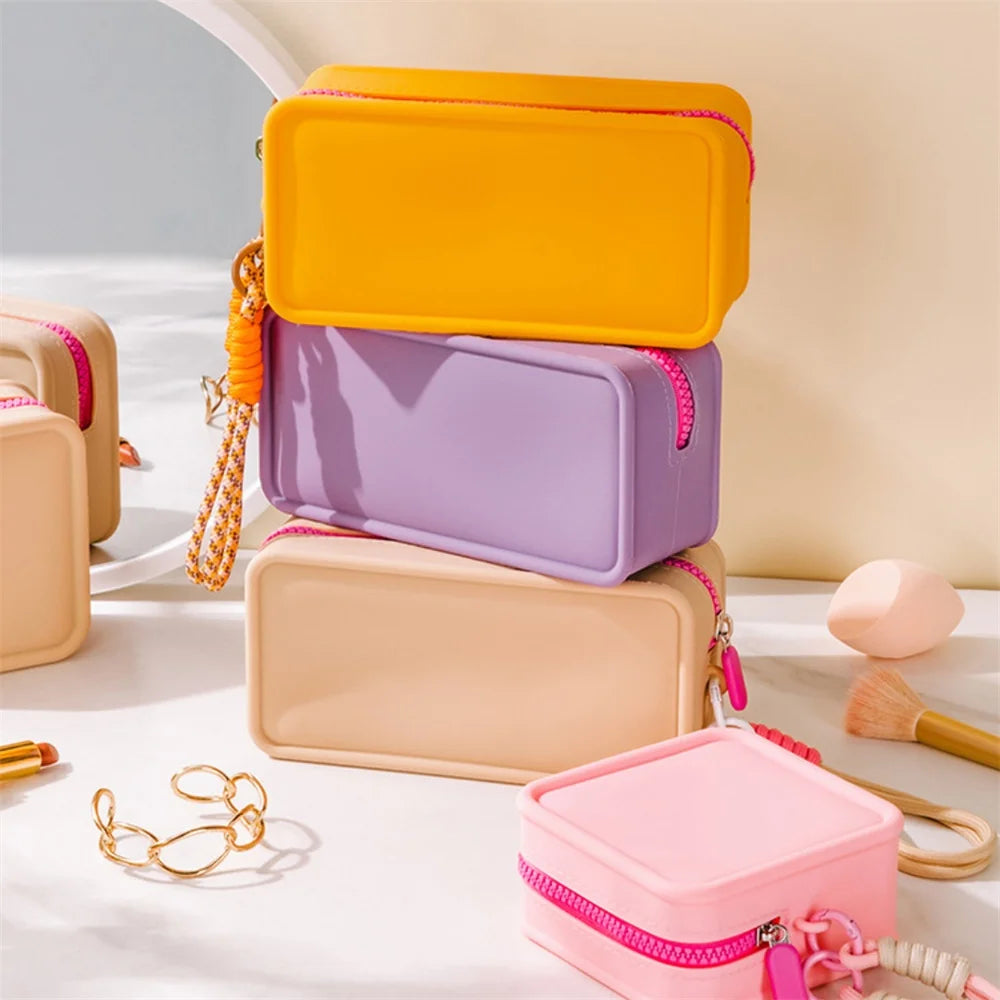 Candy Color Silicone Makeup Bag With Braided Wrist Rope Portable Lanyard Cosmetic Bags Waterproof Zipper Toiletries Lipstick Bag