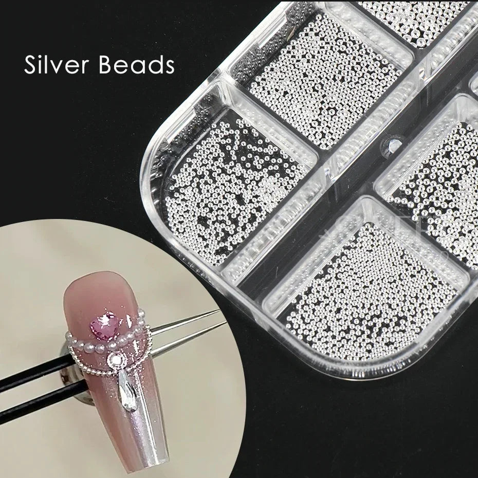 6 Grids Mini Caviar Nail Beads 0.6-2mm Silver Stainless Beads Jewelry Metal Tiny Balls DIY Charm Accessories Manicure Decoration