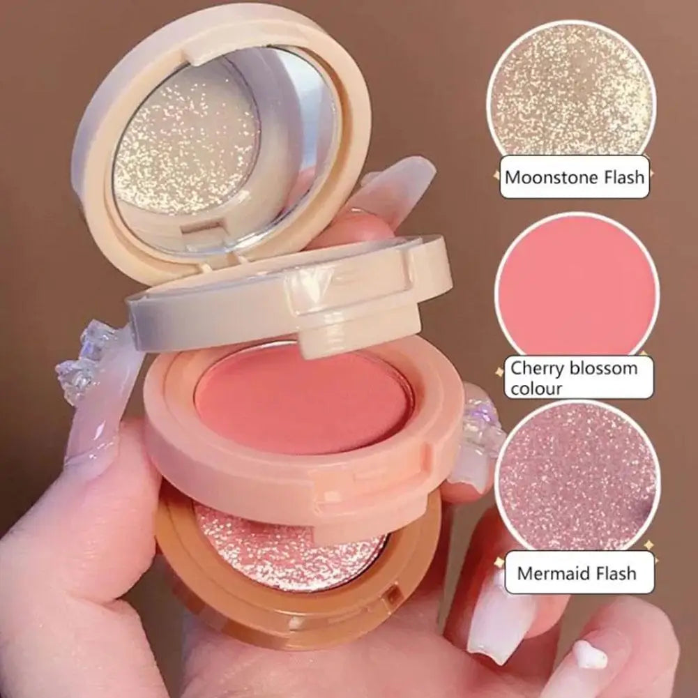 3-In-1 Blush Palette Pressed Highlighter Makeup Palette,Lasting Waterproof Matte Shimmer Texture Glitter 3-Layer Powder Pearly