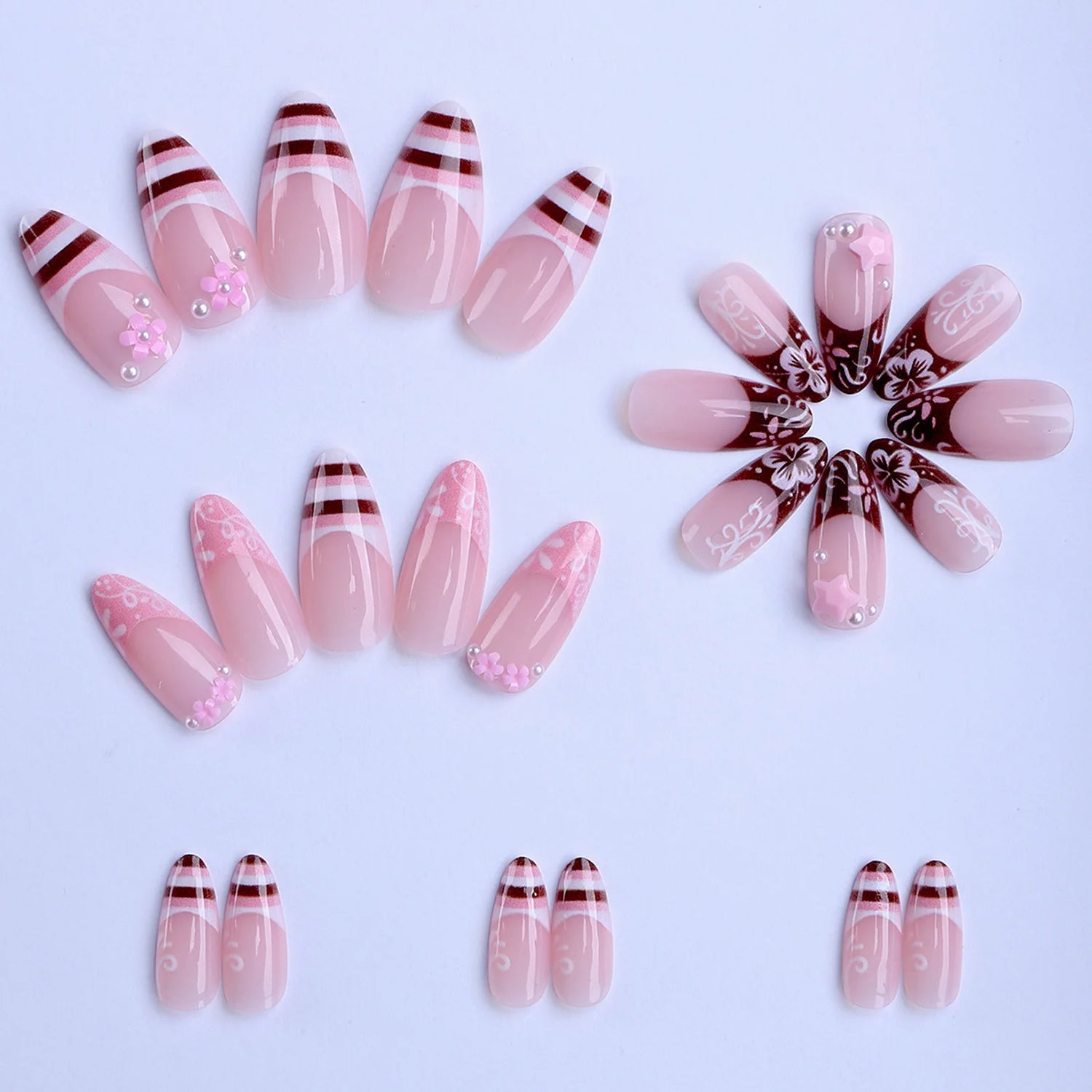 24Pcs Almond Shape False Nails Brown Stripes Pink Flowers Fake Nails Wearable Full Cover Nails Tips Acrylic Nail Tips False Nail
