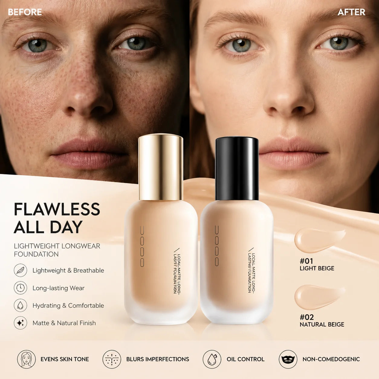 UODO Liquid Foundation Concealer Long-lasting BB Cream Waterproof Longlasting Brightening Dry To Oily Skin Care 30ml