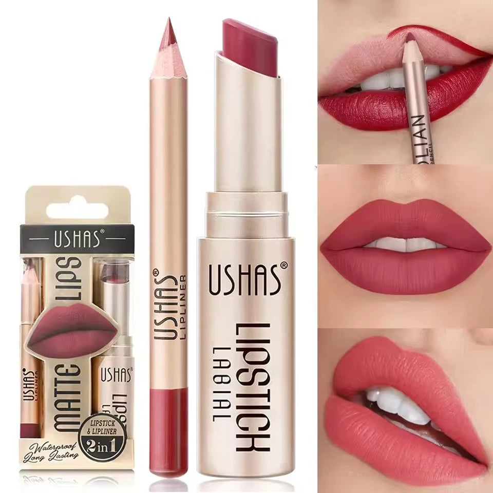 Professional 2 In 1 Lip Liner Lipstick Set Matte Finish High Pigment Long Lasting Waterproof Sweatproof Cosmetic Beauty Makeup