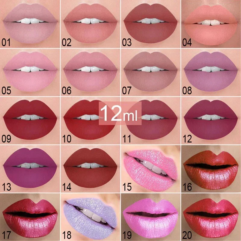 20 Colors Matte Lip Gloss Waterproof Long Lasting Shimmer Liquid Lipstick Nude Glitter Non-stick Cup Red Lip Tint Beauty Makeup