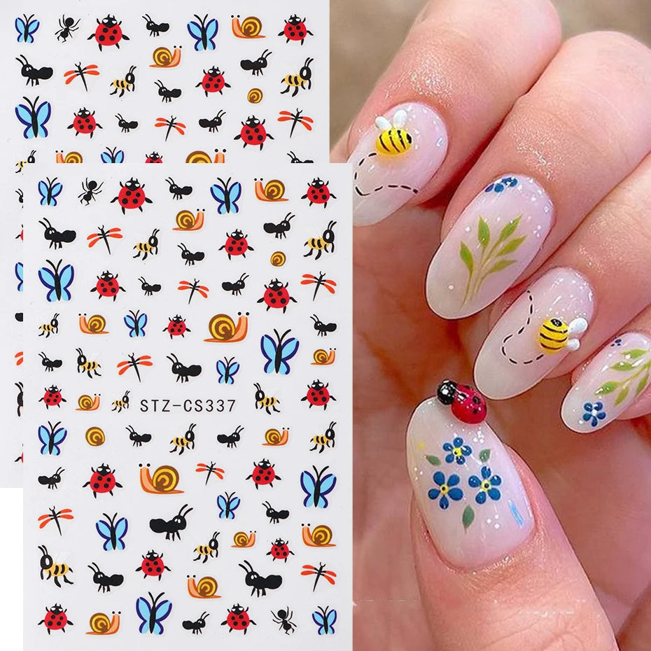 Tiny Bug Ladybug Butterfly Ant Snail Nail Sticker Decal Cute Cat Animals Sping 3D Self-adhesive Nail Art Slider Decorations