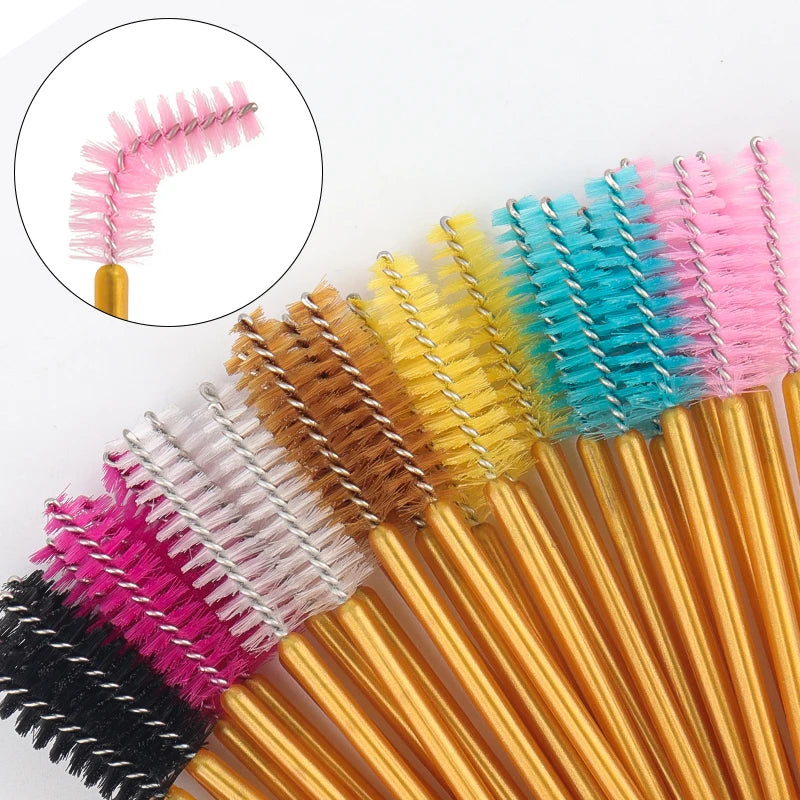 50Pcs Disposable Eyelash Makeup Brush Mascara Wands Gold Mini Eye Lash Brushes Short Eyebrow Comb Eyelashes Extension Tool