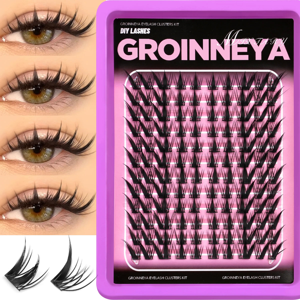 GROINNEYA DIY Lash Clusters Mixed Tray Cat Eye Lashes Natural Volume Spiky Lashes Soft Manga Cluster Eyelashes Extension Makeup