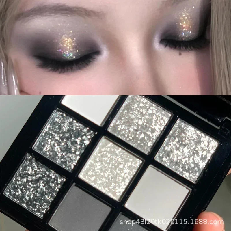 Smoky Eyeshadow Tray, 9-Color Black Dark Gray Smoky Gothic Makeup Tray, 9-Color Soft Mist Pearlescent High Color Basic Black and