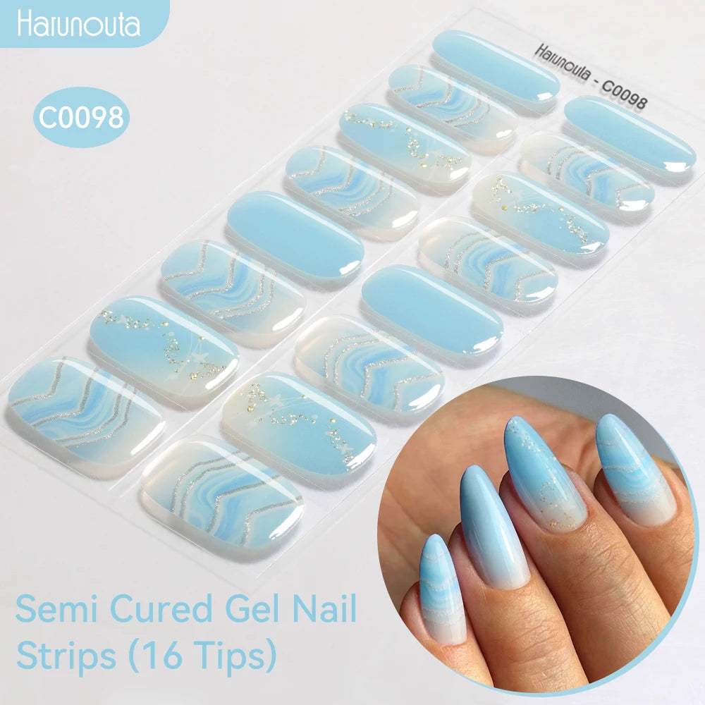Harunouta 16strips Gradient Green Gold Ocean Semi Cured Gel Nail Strips DIY Gel Polish Stickers for Nails Works with UV/LED