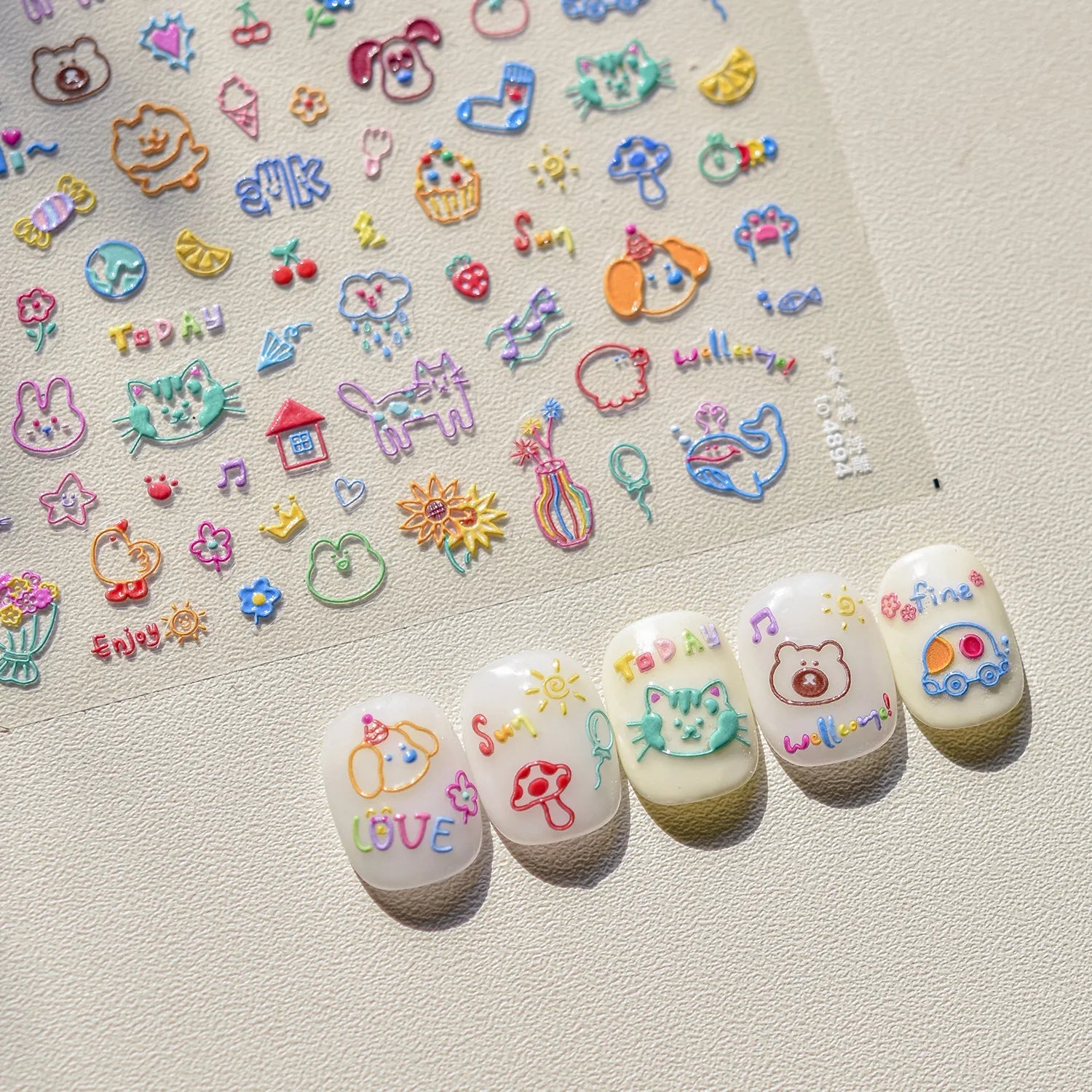 1pc 5D Relief Graffiti Nail Art Stickers Rabbit Dog Bear Bow Nail Decals Cartoon Theme Self-Adhesive Stickers for DIY Manicure *