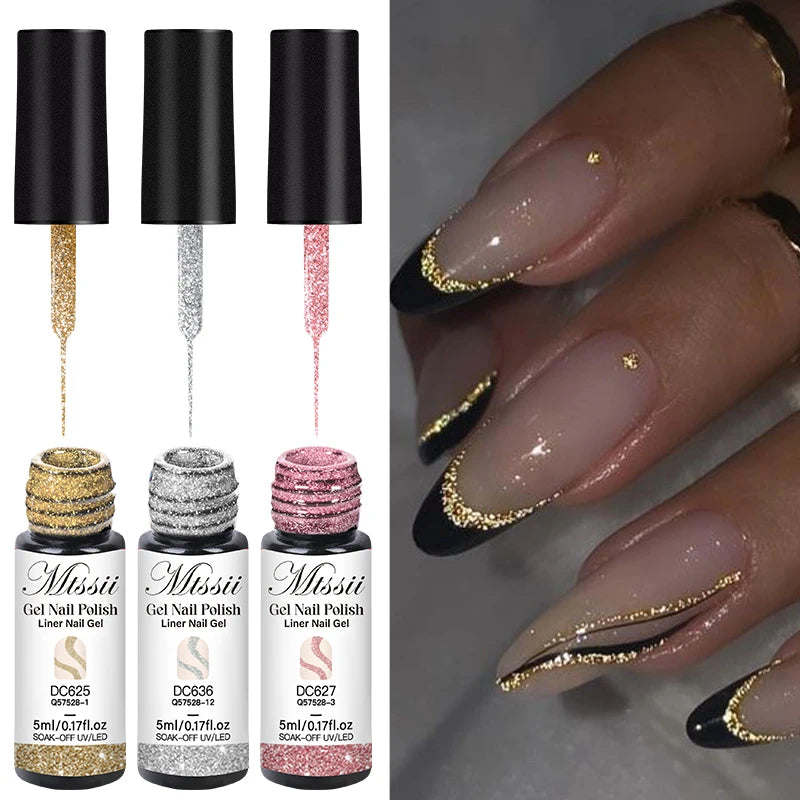 3/6PCS Reflective Glitter Liner Gel Nail Polish Set Gold Silver Bright Sparkling Liner Gel Semi Permanent Nail Painting UV Gel