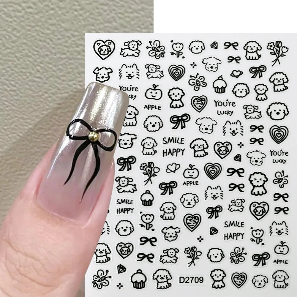1Pc Curly Puppy Dog Cartoon Nail Stickers Black Cat Nail Decals Graffiti Animals Nail Art Tattoos Self-adhesive y2k Nail Decals