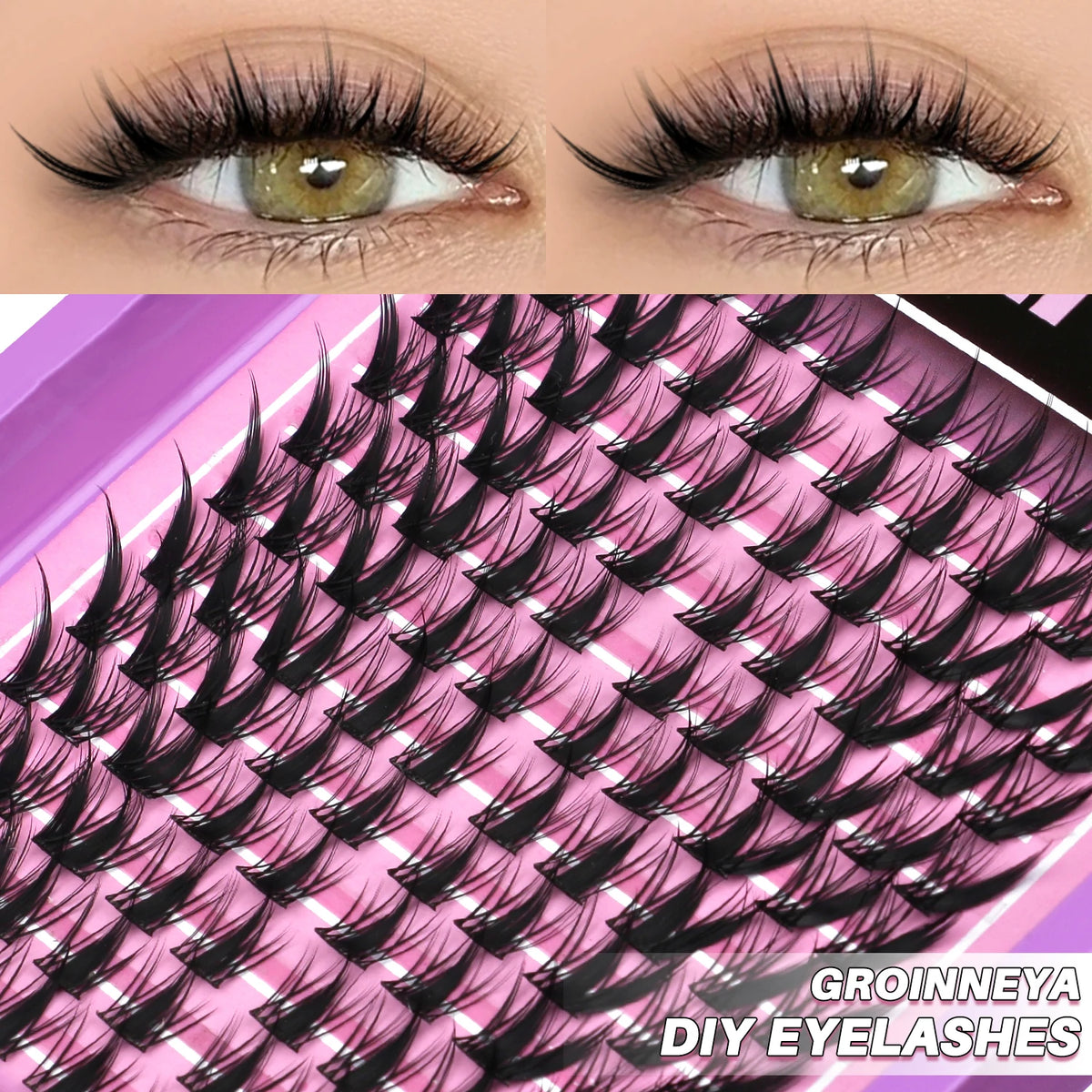 GROINNEYA DIY Lash Clusters Mixed Tray Cat Eye Lashes Natural Volume Spiky Lashes Soft Manga Cluster Eyelashes Extension Makeup