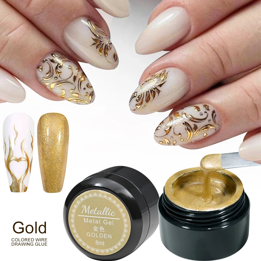 8ml Metallic Gel Polish Painted Liner Gel Super Bright Gold Silver Mirror Chrome Gel Semi Permanent French Line Nail Gel Varnish