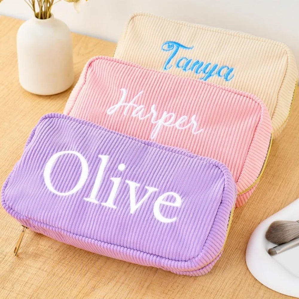 Embroidered Name Corduroy Makeup Bag Customized Women Cosmetic Bag Beauty Pouch Perfect Bridesmaid Gift for Wedding Celebration