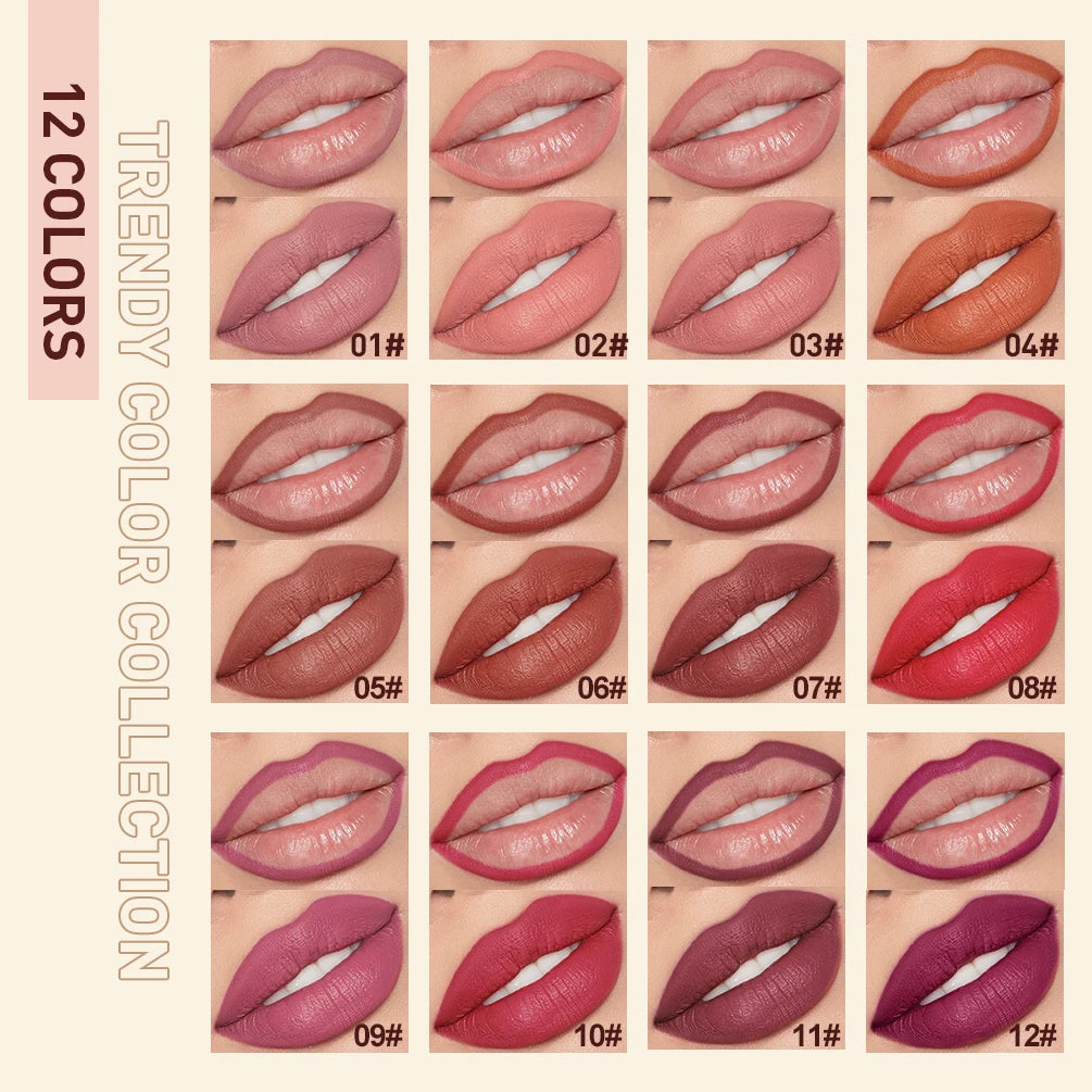 QIBEST 12 Colors Lip Makeup Nude Lipstick Pencil Waterproof Long Lasting Sexy Red Lip Stick Matte Lip Liner Pen Lipstick