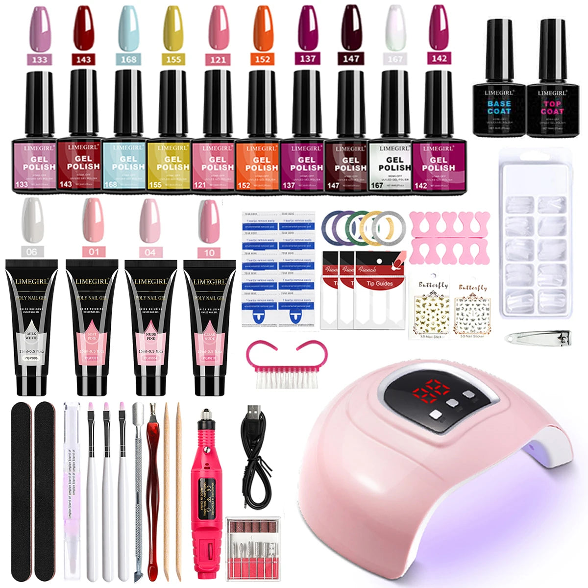 LIMEGIRL 8ml Gel Nail Polish Kit with UV Nail Lamp Electric Nail Drill UV Soaking Gel Base and Top Coat Gel Polish Nail Tool Kit