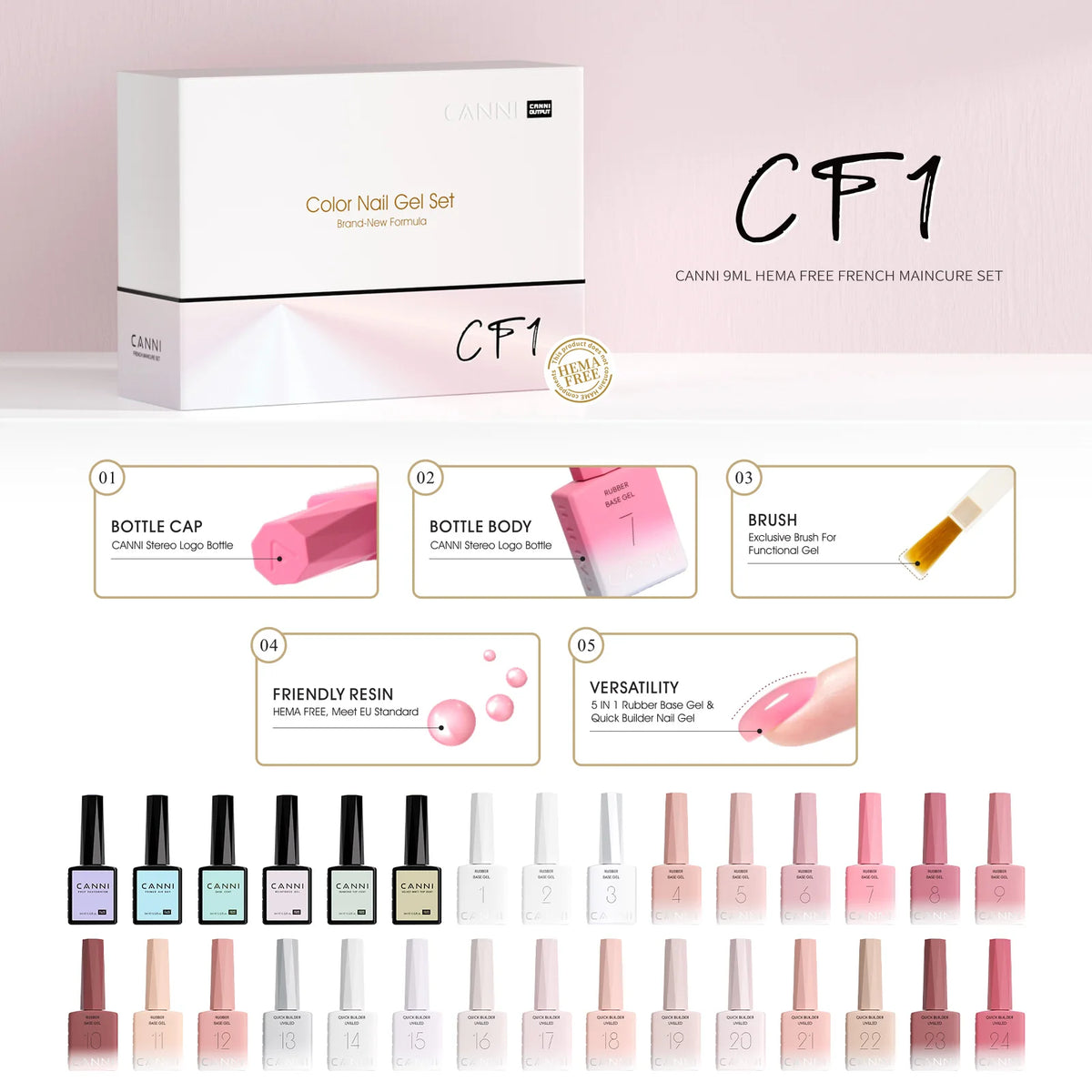 6pcs/kit CANNI TPO FREE HEMA FREE Gel Nail Polish Kit CF1 Rubber Base Gel UV Construction Gel Nail Semi Transparent Color Kit